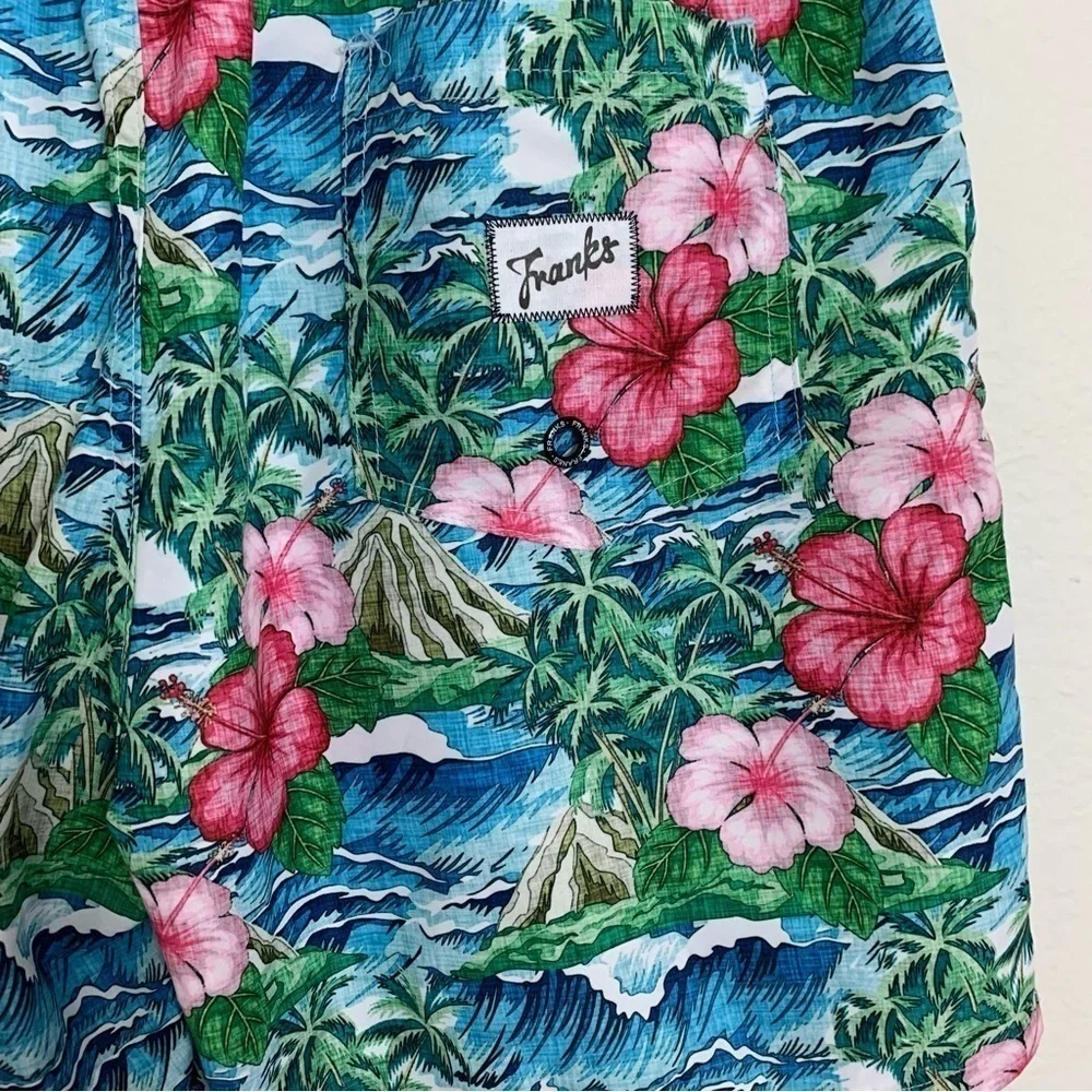 Franks Swim Trunks Mesh Lined Men’s M Pockets Boardshorts Logo Hibiscus Aloha
